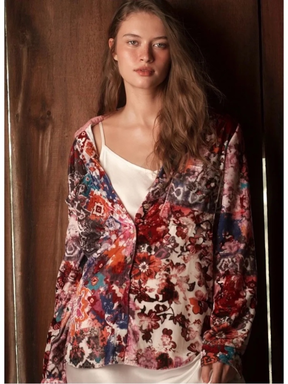 Anthropologie Pilcro Hadley Velvet Relaxed Buttondown Shirt in Pink Motif NWT